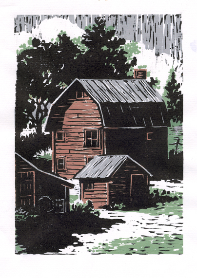  Color Woodcut illustrating a house and sheds with trees in rural upstate NY. 