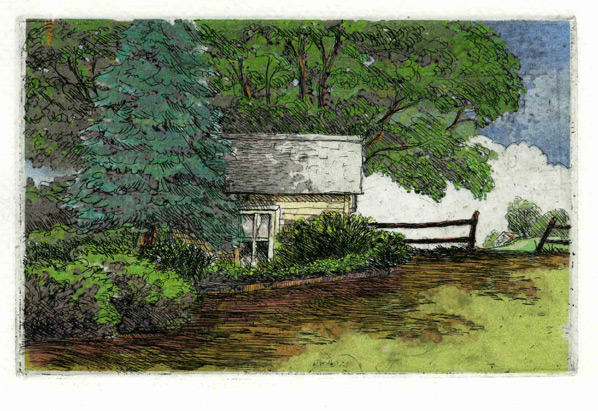 Etching with digital colored background illustrating a shed in a thicket of trees and bushes and a gate opening  toward far meadow and mountain in Dutchess County, NY.